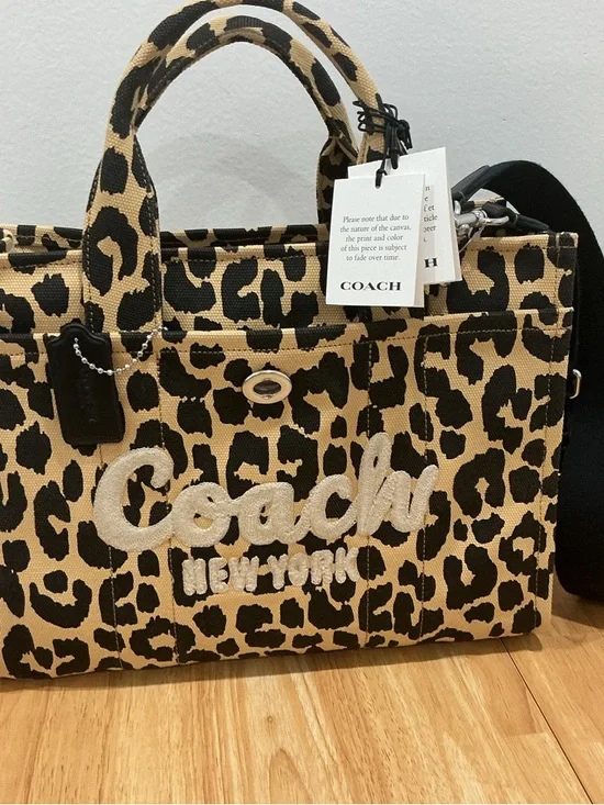 Coach Leopard Canvas Tote Bag 26 in Tan and Black with Embroidered Logo - Picture 1 of 11